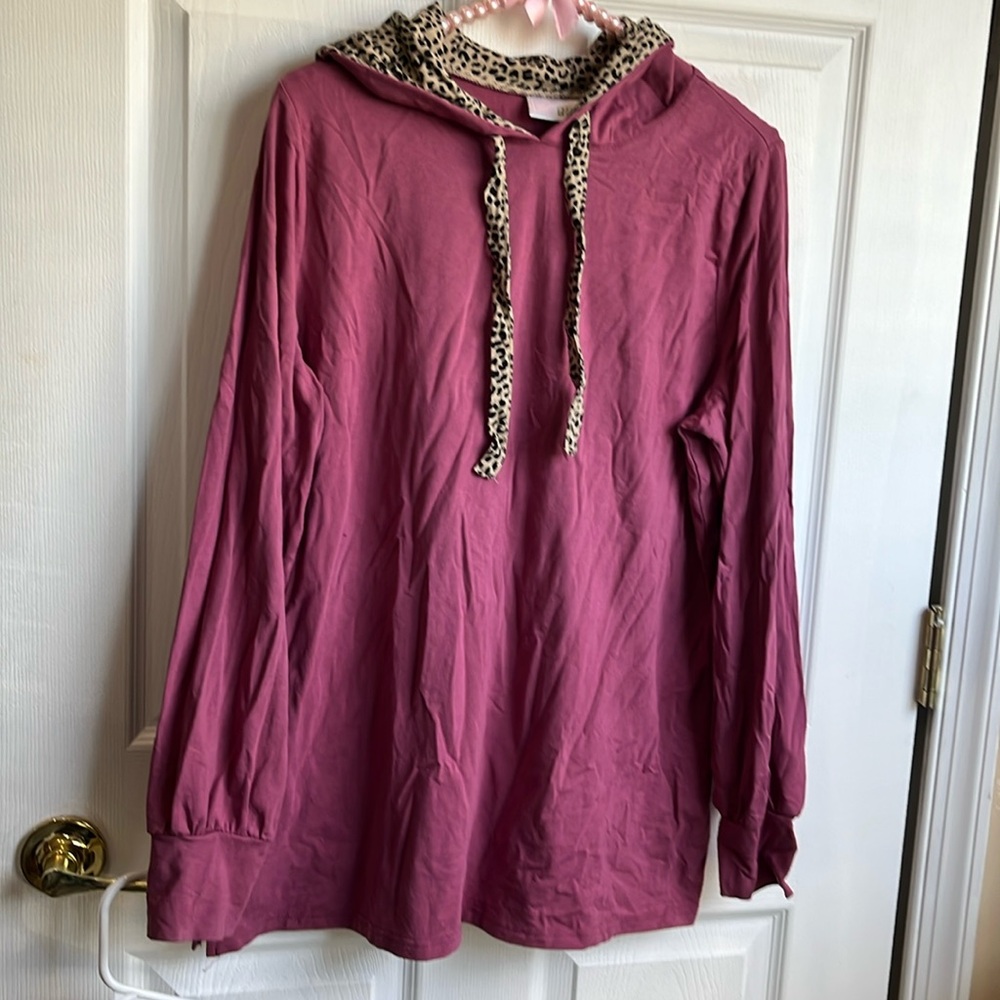 Belle by Kim Gravel fig hooded top with leopard trim and hood